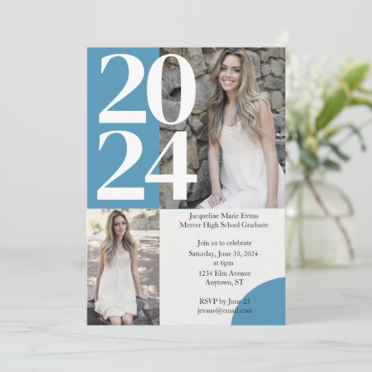 Invitation Moderne Boho Blue 2 Photo Graduation (Debout devant)