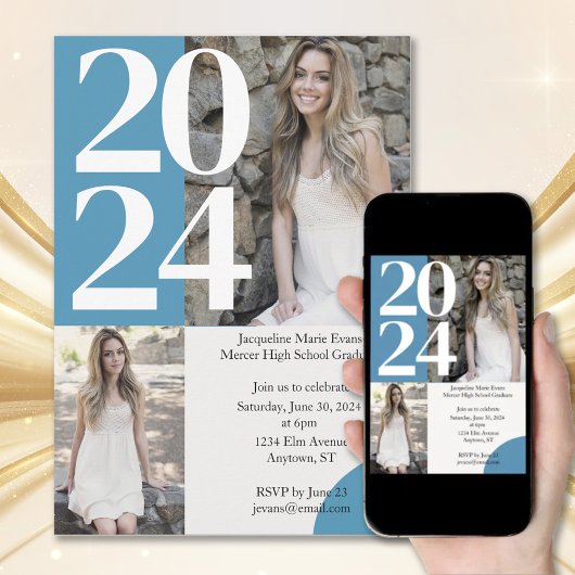 Invitation Moderne Boho Blue 2 Photo Graduation