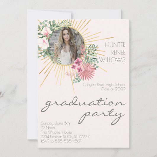 Invitation Moderne Boho Blush Rose Floral Photo Graduation (Devant)