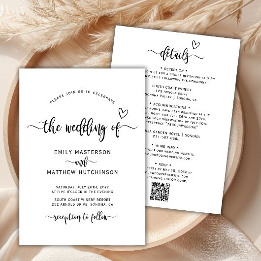 Invitation Moderne Boho Heart Calligraphy QR Code Mariage