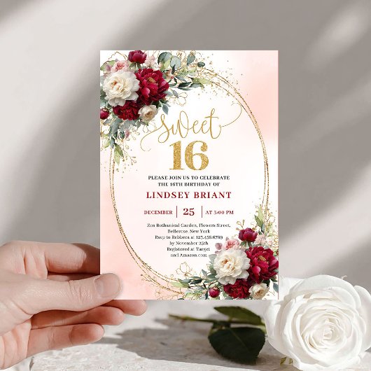 Invitation Moderne Boho Merlot Or Florale Sweet Seize 16ème