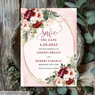 Invitation Moderne Boho Rouge Profond Blush Or Floral Enregis