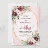 Invitation Moderne Boho Rouge Profond Roses Dorées Fiançaille (Devant)