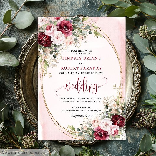 Invitation Moderne Boho Rouge Profond Roses Dorées Fiançaille