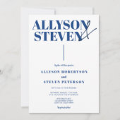 Invitation moderne bold names script bleu photo mariage (Devant)