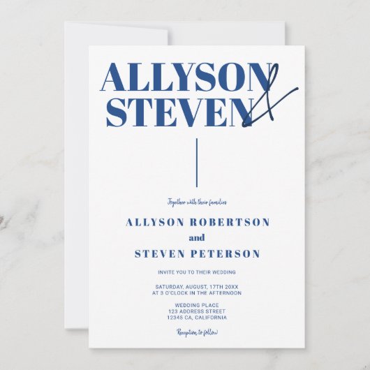 Invitation moderne bold names script bleu photo mariage (Devant)