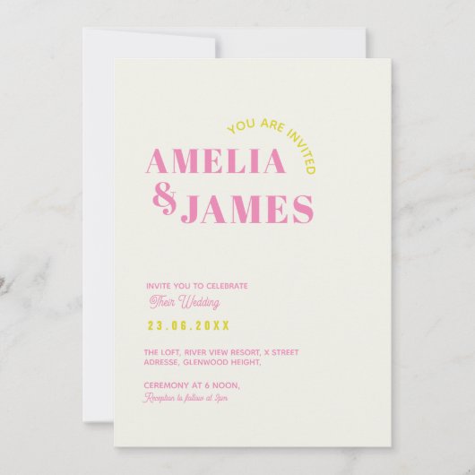 Invitation moderne Bold Wavy funky Chartreuse & Mariage rose (Devant)