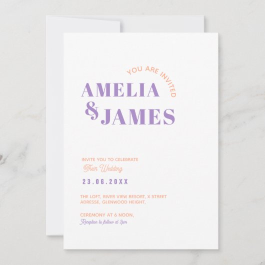 Invitation moderne Bold Wavy funky Lilac & Peach Mariage (Devant)