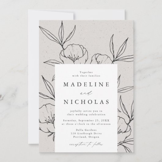 Invitation Moderne Botanique Floral Gris & Mariage noir (Devant)