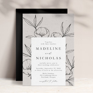 Invitation Moderne Botanique Floral Gris & Mariage noir