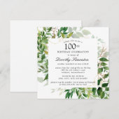 Invitation Moderne Botanique Verte 100e Anniversaire (Devant / Derrière)