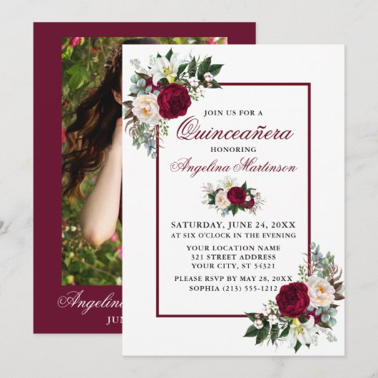 Invitation Moderne Bourgogne Flore Verdure Photo Quinceanera (Devant / Derrière)