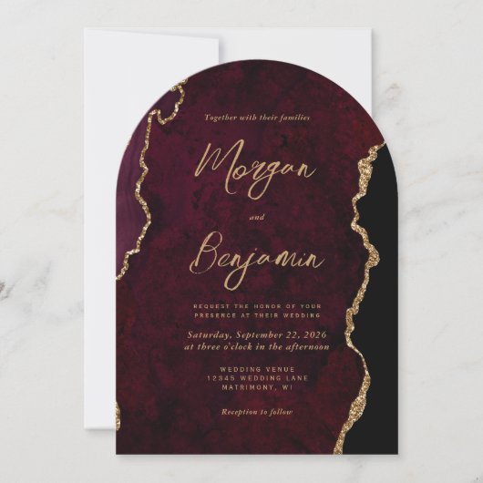 Invitation Moderne Bourgogne Or Agate Script Arch Mariage (Devant)
