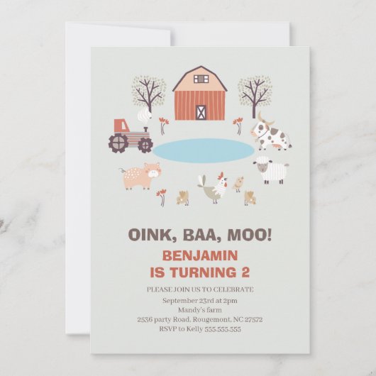 Invitation Moderne Boys Oink Baa Moo Agritourisme Anniversair (Devant)
