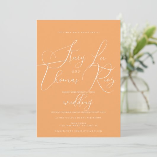 Invitation Moderne Bright Joli Script Orange Mariage rose (Debout devant)