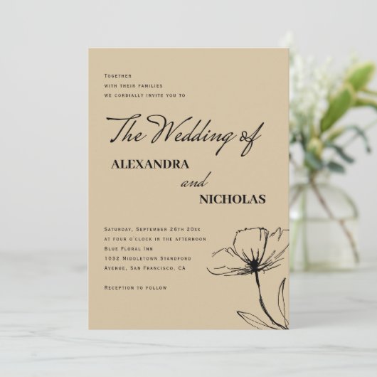 Invitation Moderne Brown Neutral Floral Mariage (Debout devant)