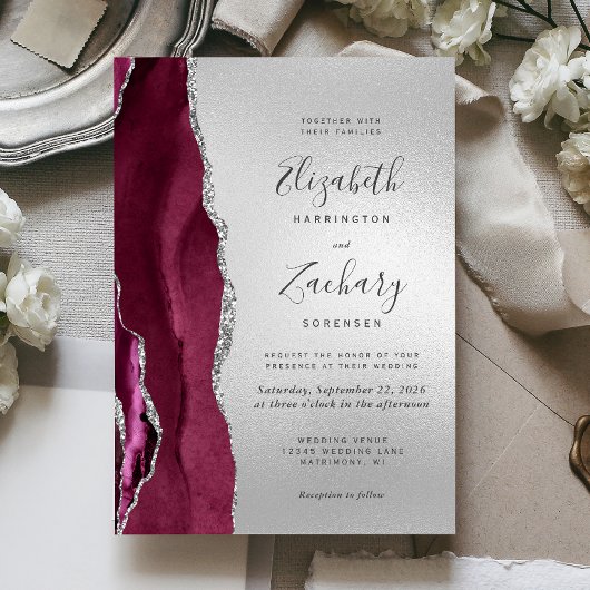 Invitation Moderne Burgundy Agate Mariage argent