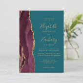 Invitation Moderne Burgundy Gold Agate Mariage Turquoise (Debout devant)