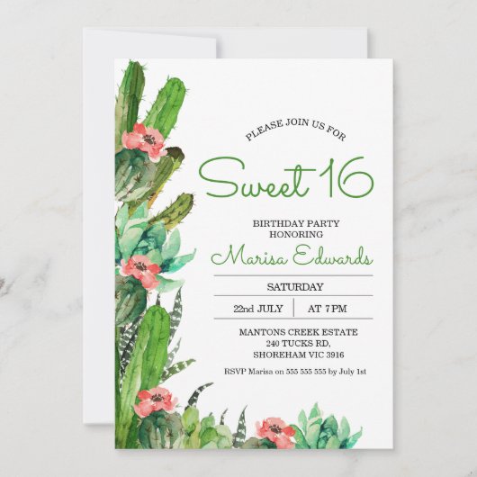 Invitation Moderne Cactus Fiesta Sweet 16 Anniversaire Invita (Devant)
