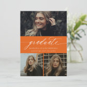 Invitation Moderne Calligraphie Orange Trois Photo Graduation (Debout devant)