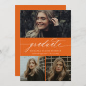 Invitation Moderne Calligraphie Orange Trois Photo Graduation (Devant / Derrière)