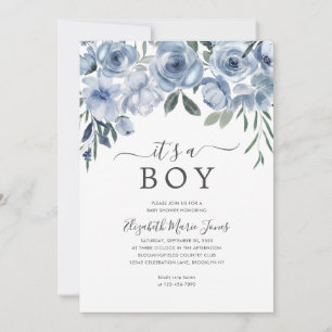 Invitation Moderne C'est un garçon Dusty Blue Floral Baby sho
