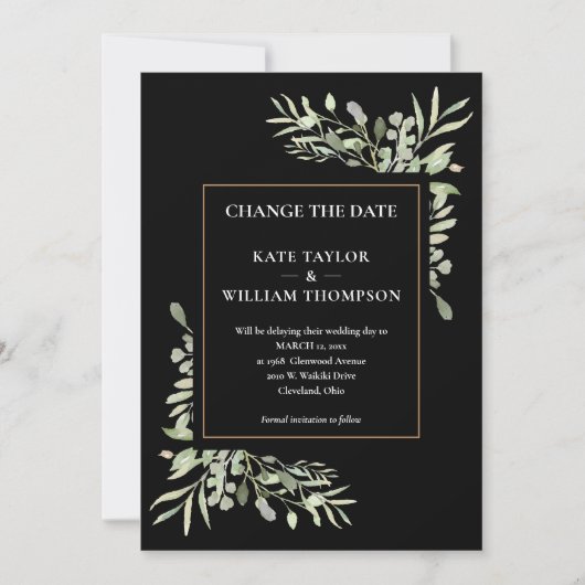 Invitation Moderne Changer la date Or Noir Vert Feuille (Devant)