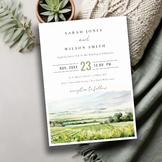 Invitation Moderne Chic Aquarelle Vignoble Paysage Mariage