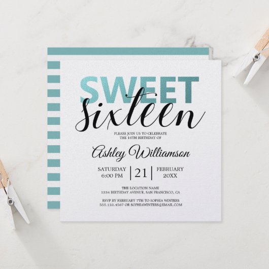 Invitation Moderne Chic Bleu Bleu Blancs Rose Doux 16 (Devant/Arrière en situation)