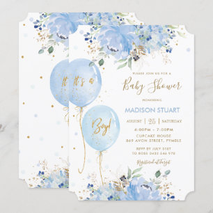 Invitation Moderne Chic Bleu Floral Balloons Baby shower garç