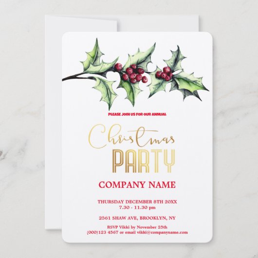 Invitation Moderne Chic Corporate Noël Aquarelle (Devant)