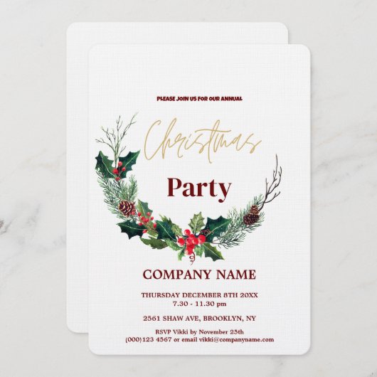 Invitation Moderne Chic Entreprise Noël Aquarelle Wreath (Devant / Derrière)