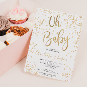 Invitation Moderne chic feuille d'or confetti oh baby shower