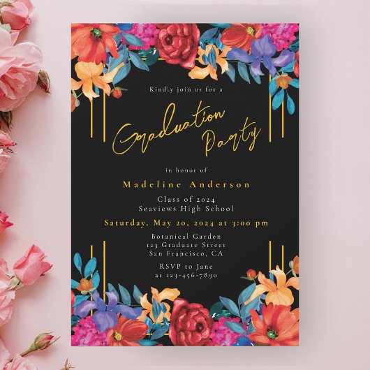 Invitation Moderne Chic Fiesta Floral Graduation Party Noir