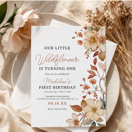 Invitation Moderne Chic Fleur Sauvage Script 1er Anniversaire