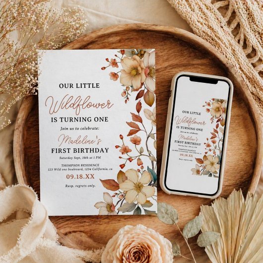 Invitation Moderne Chic Fleur Sauvage Script 1er Anniversaire