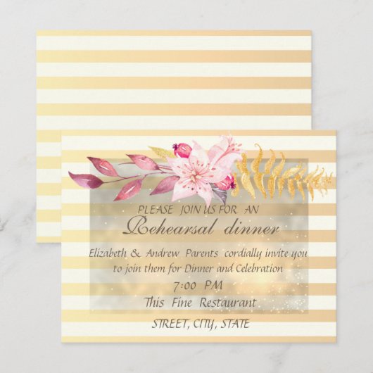 Invitation Moderne Chic Fleurs Rayées  Dîner de Répétition (Devant / Derrière)
