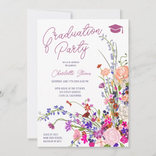 Invitation Moderne chic fleurs sauvages script graduation pho (Devant)