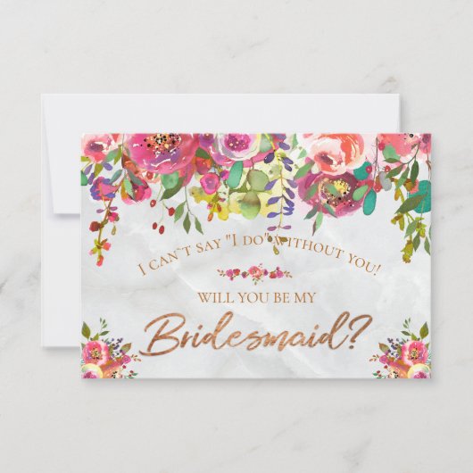 Invitation Moderne Chic Floral Cuivre Feuille Marbre Demoisel (Devant)