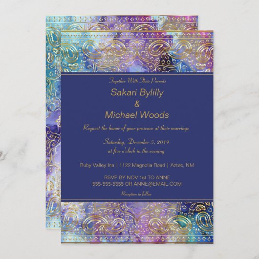 Invitation Moderne Chic Gold Paisley (Devant / Derrière)