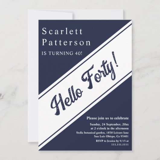 Invitation Moderne Chic Marine Bleu Blanc Élégant 40e anniver (Devant)