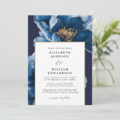 Invitation Moderne Chic Marine Bleu Or Floral QR Code Mariage (Debout devant)