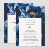 Invitation Moderne Chic Marine Bleu Or Floral QR Code Mariage (Devant / Derrière)