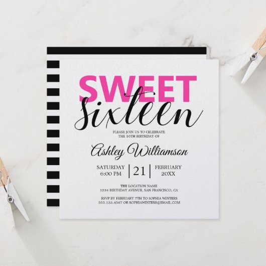 Invitation Moderne Chic Noir Blancs Pink Sweet 16 (Devant/Arrière en situation)