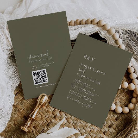 Invitation Moderne Chic Olive Green Monogramme QR Code Mariag