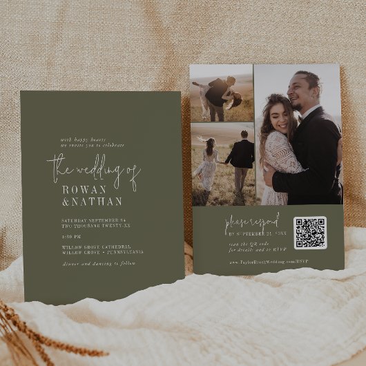 Invitation Moderne Chic Olive Green QR Code Mariage photo