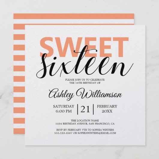 Invitation Moderne Chic Orange Blancs doux 16 (Devant / Derrière)