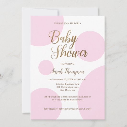 Invitation Moderne Chic Polka point rose Baby shower or (Devant)