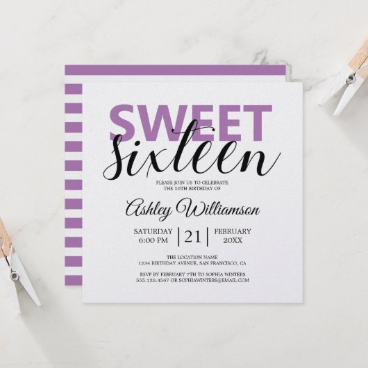 Invitation Moderne Chic Purple Blancs Doux 16 (Devant/Arrière en situation)