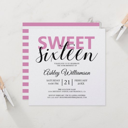 Invitation Moderne Chic rose blanc rayures rose doux 16 (Devant/Arrière en situation)